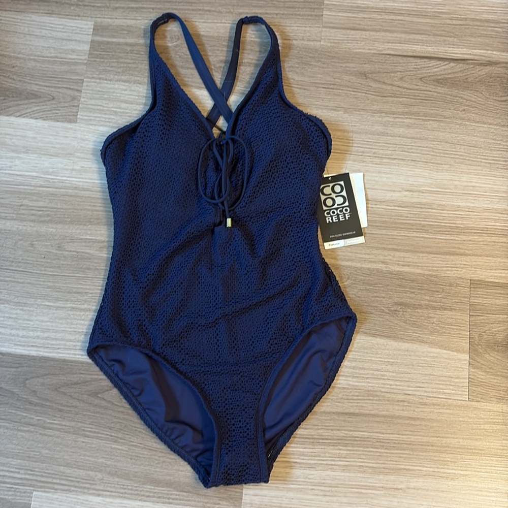NWT!  Navy Coco Reef Sultry Ocean Textures One Piece Bra Sized 34DD lace up - Picture 2 of 16